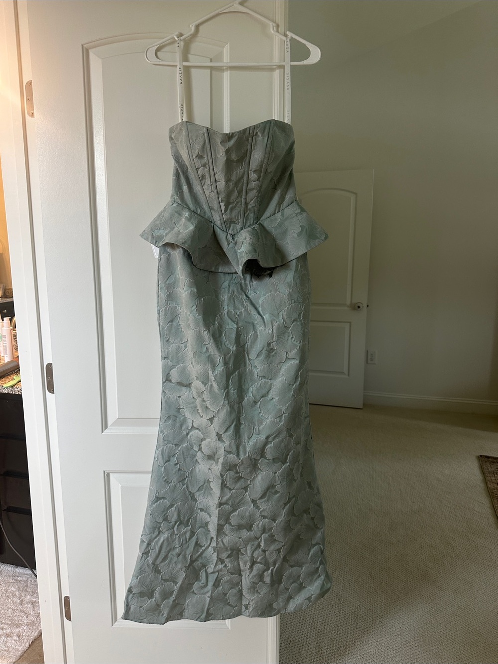 Azazie Strapless Peplum Maxi Dress in Sage Green